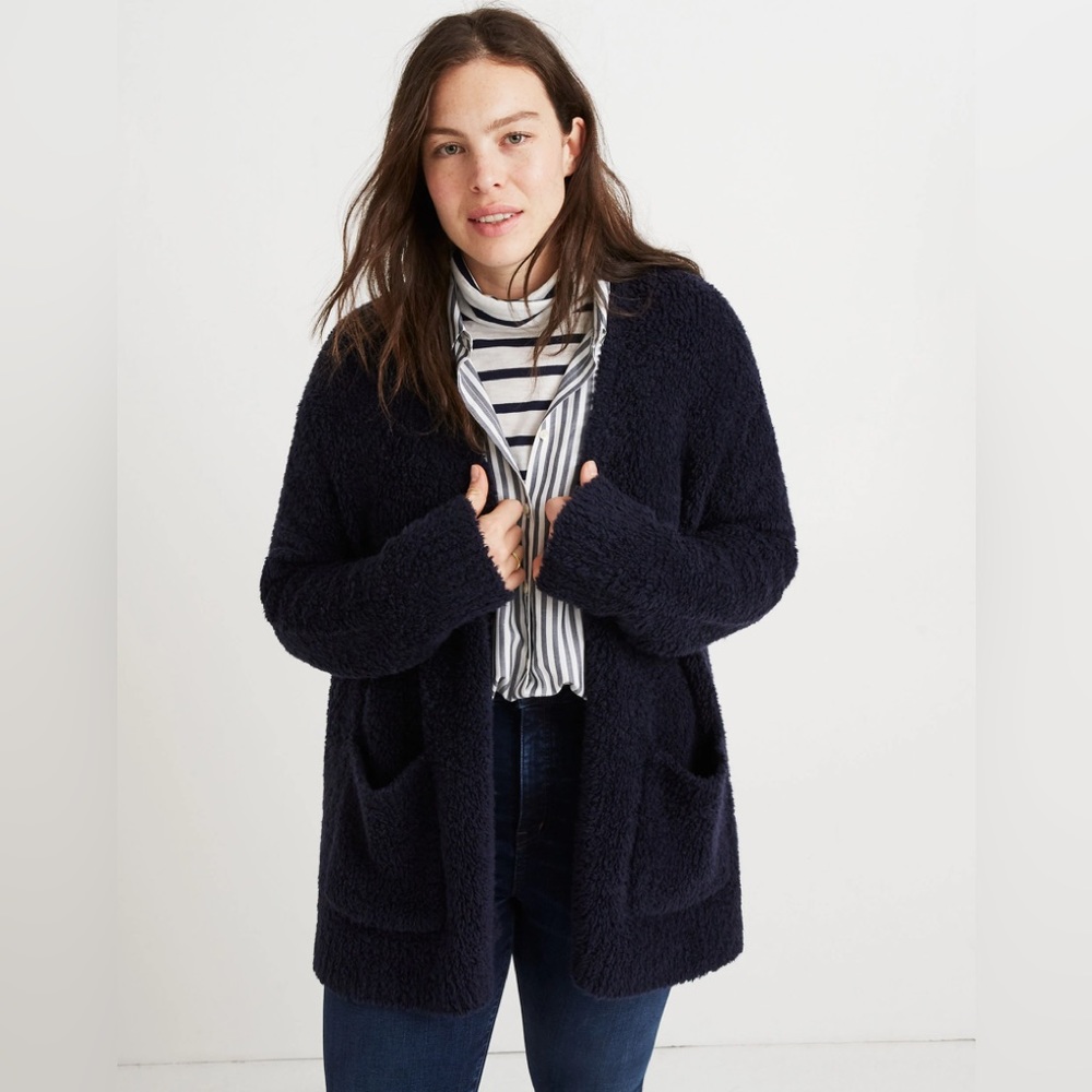 Madewell Teddy Navy Blue Fuzzy Open Front Cardigan XS Relaxed Roomy Oversized